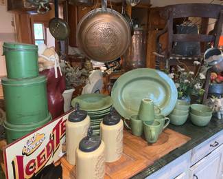 Potterybarn dishes, Sausalito green. Canisters, copper kitchen accessories