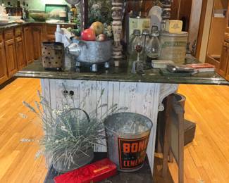 Antique Signs, galvanized bucket, antique tool chest
