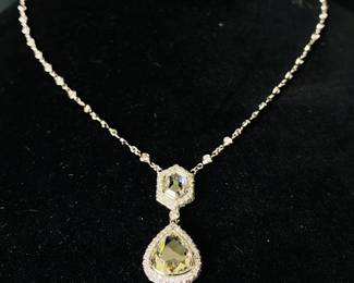 ONE Of A KIND... custom rhodium plated 18K white gold with rose-cut pear shaped diamond (est. 1.51 carat) drop dangling from a rose-cut hexagonal diamond (est 0.76 carat) necklace. Both are surrounded by sparkling double pave diamond halos. 