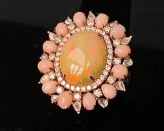 Lovely Opal, Diamond & Coral Ring