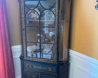 Hand painted china cabinet with curved glass LOCATED OFFSITE