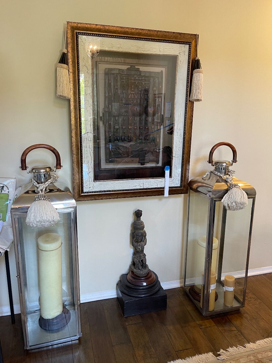 Gorgeous Restoration Hardware Laterns, Baule Figure African sculpture, and a Dogon Grainery Door