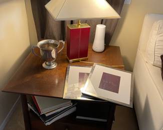 Restoration hardware side table and 2 of these fine red lamps! 