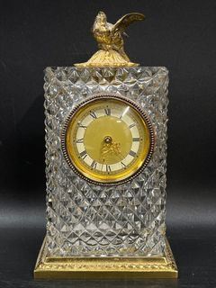 Vintage German Cut Glass and Brass Ormolu Mantel Clock with Bird Finial Hollywood Regency Style
