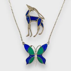 Fine Sterling Silver Figural Butterfly Necklace And Antelope Pendant Brooch Lapis Lazuli
