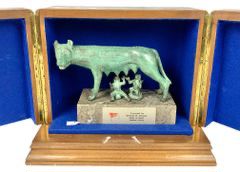 Italian Army Commemorative Solid Metal Statue Depicting Romulus and Remus On Solid Grey Marble Base Presented By General Di Martino Chief Of Staff Italian Army
