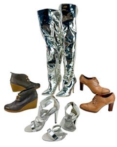 YOKI Silver Thigh High Boots Sz 8.5, AUDREY BROOKE Silver Strappy High Heels Sz 9, FRANCO SARTO Tan Stacked Heel Oxford Approximate Sz 9, SPERRY Grey Leather Wedges Approximate Sz 9
