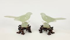 Pair Of Asian Carved Jade Jadeite Bird Figurines On Wooden Base
