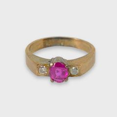 Fine 9K Yellow Gold Ruby Diamond Ring Size 3.75
