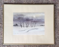 Vintage watercolor Framed Painting Pencil Signed Winter
