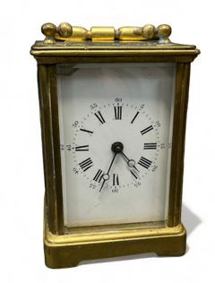 Antique French Brass Case Carriage Clock White enamel dial with Roman numerals 8 day movement

