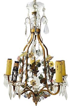 Fancy Antique French Gilt Metal Tole and Porcelain Flower Chandelier with Drop Dangle Crystals

