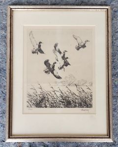 Richard E Bishop Print Flying Mallards Framed Marked Repro very small above signature
