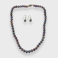 Fine Tahitian black Pearl Necklace & drop dangle Earring Set
