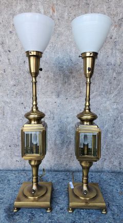 Pair Rembrandt Brass Footed Lantern Torchiere Table Lamps
