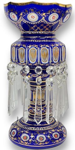 Antique Victorian Bohemian Glass Cobalt Blue Cut To Clear Tall Glass Lustres
