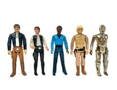 RARE KENNER STAR WARS ACTION FIGURE LOT- 1980 Luke Skywalker, 1980 Lando, 1977 and 1980 Han Solo and 1982 C3PO Missing Arm
