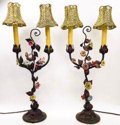 Pair Fancy Antique French Iron Flower Light Fixture Porcelain And Tole Flowers Beaded Silk Shades
