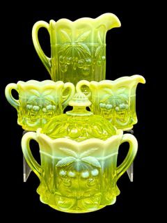 1930s FANTASTIC LARGE VASELINE GLASS Yellow Opalescent Antique Glass Cherry Pattern Pitcher Sugar bowl Biscuit JAR CREAMER AND SMALLER SUGAR BOWL Radioactive Uranium Glass
