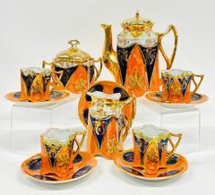 Germany Jena Bareuther Gold ORANGE & BLUE Mauve Blue Antique Tea Pot Cups Saucers Set
