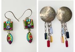 14 Grams Fine Sterling Silver Mid Century Modern Mosaic Beaded Colorful Amethyst Stone Pierced Dangle Earrings
