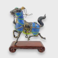 Antique Chinese Gilt Silver, Enamel & Turquoise Model Of A Tang Horse 97 Grams
