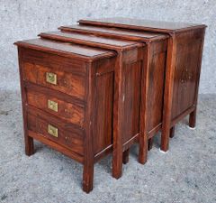 Fantastic 20th C Inlaid Brass and Wood Stacking Tables with One Smallest 3 Drawer Cabinet
