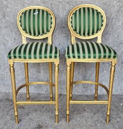Pair of Harris Marcus Gilt Painted Tall Bar Counter Chairs Hollywood Regency Style
