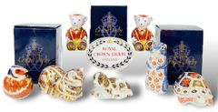 Fine Royal Crown Derby Lot; Scottish Teddy Fraser, Chipmunk Gopher, Bird, Derby Turtle, Contented Cat, Scruff Dog Paperweight, and Royal Crown Derby Sign Some With Original Box

