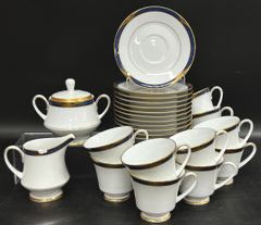 Fine Legacy By Noritake Kathmandu 3670 China Saucers, Tea Cups, Lidded Sugar Jar, and Creamer

