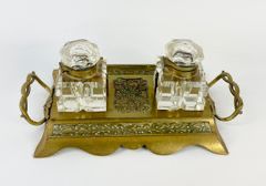 Antique Brass Art Nouveau Glass Inkwell
