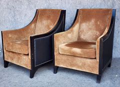 Pair of Fantastic Art Deco Style Carmel Colored and black Leather Wood Brass Tack Lounge Chairs
