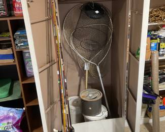 Several Fishing Poles with Reels, Minnow Buckets, Nets, etc.