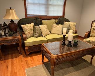 Braxton Culler 4 Season Room Living Furniture Set including couch, glass topped coffee table 2 glass topped end tables    and 2 chairs with ottomans