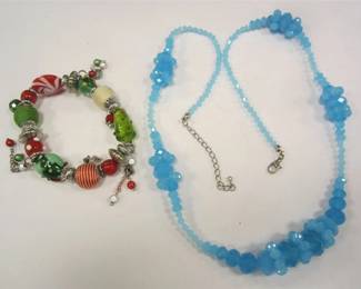 AQUA BLUE CONTEMPORARY FACETED GLASS NECKLACE, ART GLASS STRETCH BRACELET