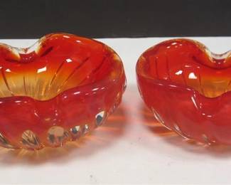  TWO  ITALIAN ART GLASS RIBBED ASHTRAYS