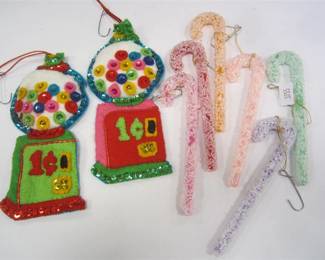 TWO FELT GUMBALL CHRISTMAS ORNAMENTS