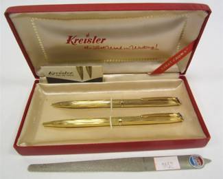 KREISLER PEN AND PENCIL SET WITH PEPSI LOGO ON END AND VINTAGE BOX.  NAIL FILE DIET PEPSI ADVERTISER.  
