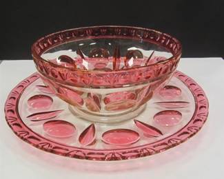 VINTAGE CRANBERRY FLASH GLASS FRUIT BOWL WITH UNDER-PLATE