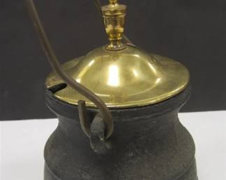 VINTAGE CAST IRON FIREPLACE STARTER POT WITH SOLID BRASS LID.  NO WAND