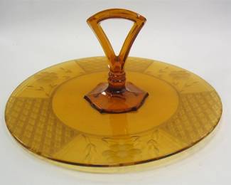 ETCHED AMBER DEPRESSION GLASS HANDLED TIDBIT DISH