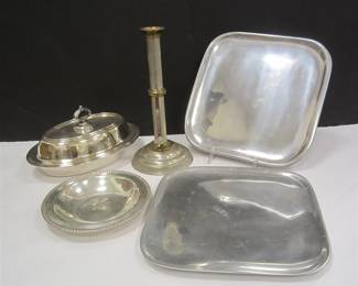  SILVER PLATE COVERED VEGETABLE, PAIR OF NAMBE PLATES, CANDLE HOLDER