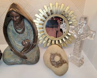 Mexican Art Ceramic Figurine - Mother Mary with Baby Jesus. Waterford crystal crucifix