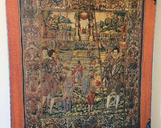 Gorgeously, artistically framed print of "Barriers" 1576 Valois Tapestry (from a series of 8.) Combat à la barrière, also known as Barriers is thought to depict lance games that occurred frequently at the Palace of Fontainebleau in 1564 and 1565 likely also evoking the return of King Charles IX and Catherine de' Medici from their Grand Tour. Duke Francis of Anjou, youngest son of Catherine de' Medici, is depicted in the foreground holding a lance and gazing out toward the viewer. Catherine de' Medici is featured reigning over the games in central pavilion.