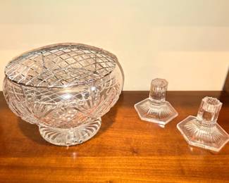 Crystal Rose Bowl. Tiffany Candle Holders.
