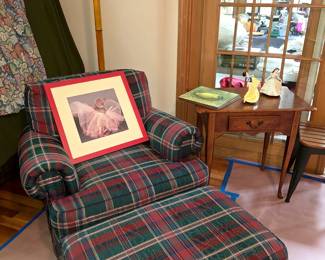 Plaid comfy chair with ottoman. Bob Timberlake end table. Floor lamp