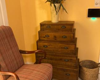 stacked chest of drawers, mauve cabriole leg arm chair