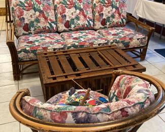 bamboo sofa and arm chair, chicken crate table