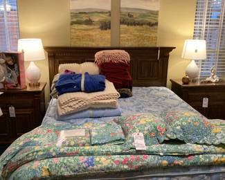 Monet queen comforter set with pillows, skirt, shams; blackets and throws; Ethan Allen bedroom suite