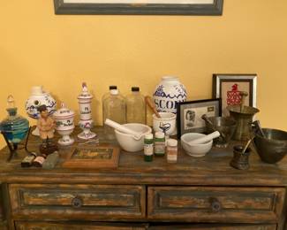 pharmacy collectibles, bottles, mortars and pestles